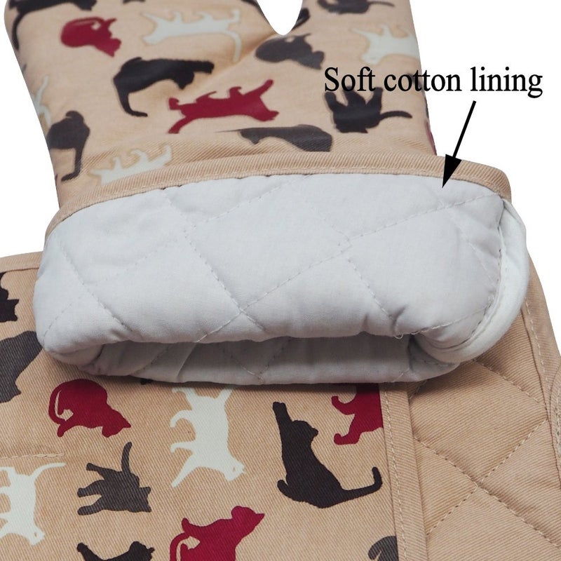 RED LMLDETA Oven Mitts Gloves 1 Pair Heat Resistant 480 â„‰ Non Slip Clear Silicone Printed Comfortable Cotton Lining Kitchen Women Men Cooking Barbecue Microwave Machine Washable (Cat, Khaki Mittens) - Image 4